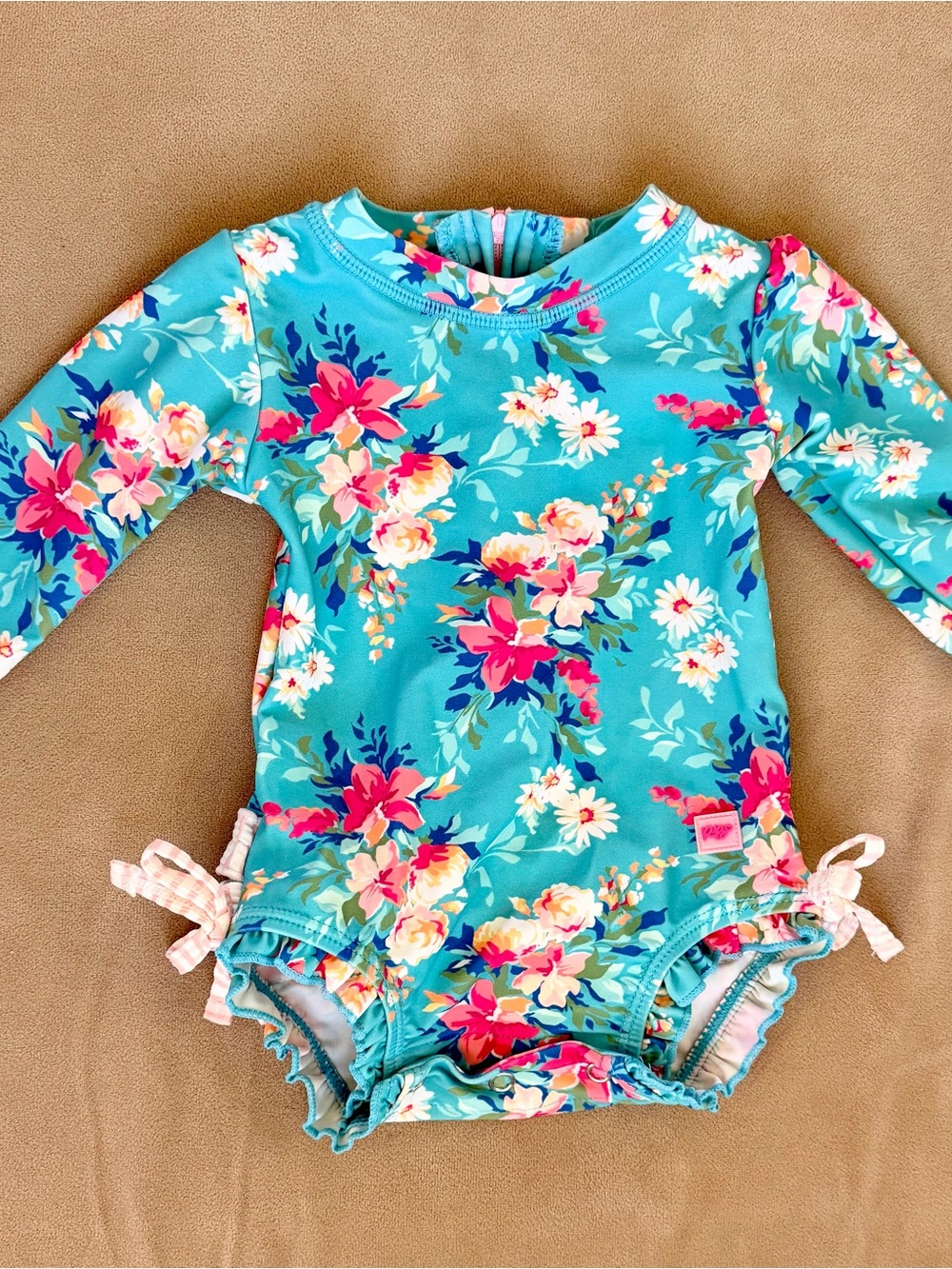 Ruffle Butts Turquoise Floral Long-Sleeve One-Piece Girls Swimsuit